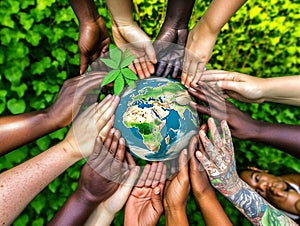 Multiethnic group of hands rising green world, cooperating for environmental protection and sustainability