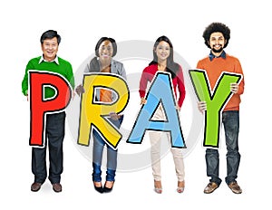 Multiethnic Group of People Holding Letter Pray