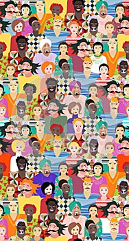 Multiethnic group of people. Seamless vector pattern with men and women of different ages, races and nationalities.