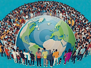 Multiethnic Group of People Standing around Earth Globe. World Population Day concept.