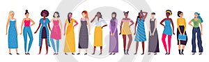 Multiethnic group of women. Vector diverse standing female