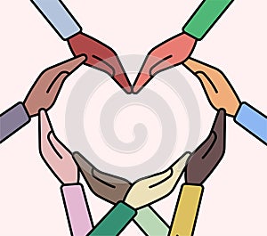 Multiethnic hands form a heart. Flat illustration. Friendship and unity concept