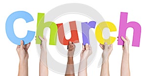 Multiethnic Hands Holding Text Church