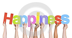 Multiethnic Hands Holding Text Happiness photo