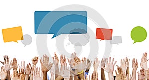 Multiethnic Hands Raised with Speech Bubbles