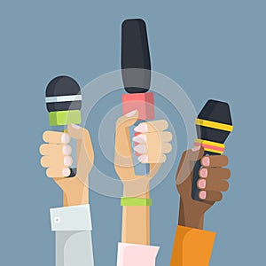 Multiethnic journalists holding microphones flat vector illustration