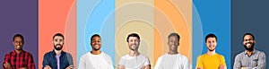 Multiethnic men headshots over bright studio backgrounds, panorama with free space.