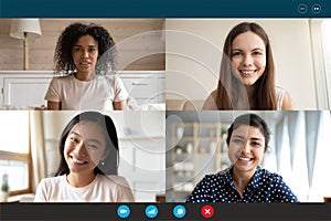 Multiethnic millennial girls using video call application webcam screen view