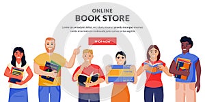 Multiethnic people with books. Bookstore, library banner, poster design. Students characters. Vector illustration