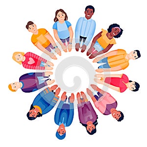 Multiethnic people in circle, holding hands. Top view vector illustration. Diversity community, collaboration concept