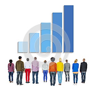 Multiethnic People Facing Back with Growing Bar Graph Above