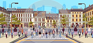 multiethnic people group walking outdoor mix race men women citizens crowd going along city street cityscape background