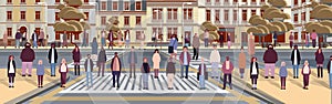 multiethnic people group walking outdoor mix race men women citizens crowd going along city street cityscape background