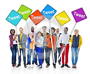 Multiethnic People Holding Sign With Tweet