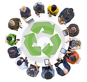 Multiethnic People Using Digital Devices with Recycle Symbol