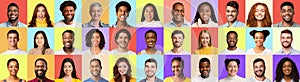 Multiethnic Real People Portraits In Collage Over Colored Backgrounds, Panorama