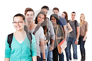 Multiethnic university students standing in a row