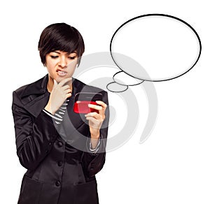 Multiethnic Woman with Cell Phone and Blank Bubble