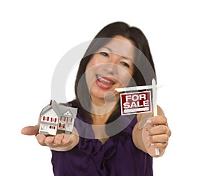 Multiethnic Woman Holding Real Estate Sign, House