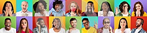 Multiethnic young and old men and women gesturing, make signs with hands on colored background