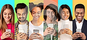 Multiethnic Young People Using Mobile Phones Over Colorful Backgrounds, Collage