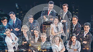 Multiexposure business background of diverse business people standing and having arms crossing together with overlat background of