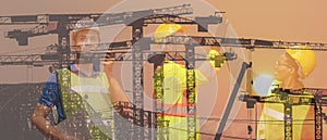 Multiexposure construction industrial background of construction project engineers and workers overlay with silhouette