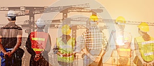 Multiexposure construction industrial background of construction project engineers and workers overlay with silhouette