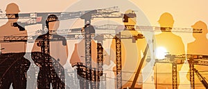 Multiexposure construction industrial background of shadow of construction project engineers and workers overlay with silhouette