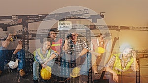 Multiexposure industrial background of enemployment construction workers and labor sitting in a group at cloded construction site