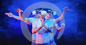 Game man with vr glasses in multi action poses of mortal art in concept of gamer in fighting game photo