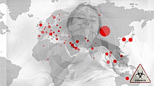 Multiexposure of world map with red spots show coronavirus covid 19 infected countries overlay with coronavirus covid 19 infected