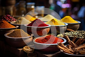 Multifaceted Colorful powder spices market. Generate Ai photo