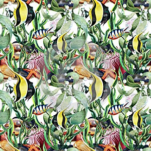Multifaceted seamless pattern of tropical fish, sea plants and animals photo