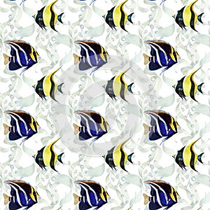 Multifaceted seamless pattern of tropical fish and sea plants photo