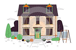 Multifamily home with swing, green lawn line cartoon flat illustration