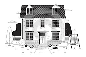 Multifamily home with swing, green yard black and white cartoon flat illustration