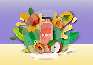 Multifruit juice drink bottle, fresh fruits, liquid splashes, drops. Vector paper cut style illustration. Mix juice ads.