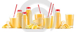 Multifruit smoothie in many kinds of glasses and bottles