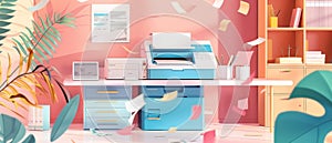 Multifunction office copier printing paper documents on bright background. Copier printer for office work with flying