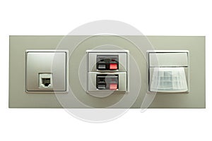 Multifunction outlet with an audio input, motion sensor and network socket