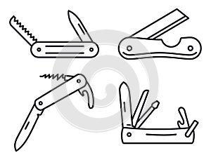 Multifunction penknife icons set, outline style