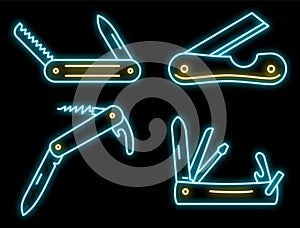 Multifunction penknife icons set vector neon