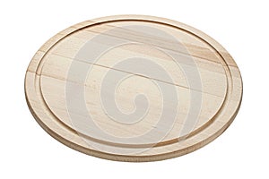 Multifunctional circular wooden cutting board for cutting bread, pizza or steak serve. Human eye perspective. Isolated on a white