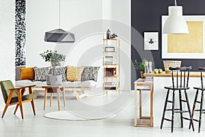 Multifunctional interior with green chair