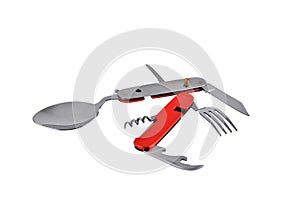 Multifunctional set, utility knife with travel and tourism tool set, tourist spoon and fork, close-up