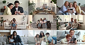 Multigenerational families spend time together at home using modern gadgets