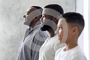 Multigenerational Men Family Portrait. Black Son, Father And Grandfather Standing In Row