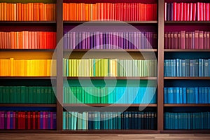 Multihued Colorful folders bookshelves rainbow. Generate Ai
