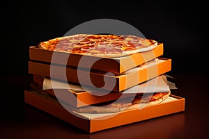 Multilayered Stack orange pizza boxes carton. Generate Ai photo